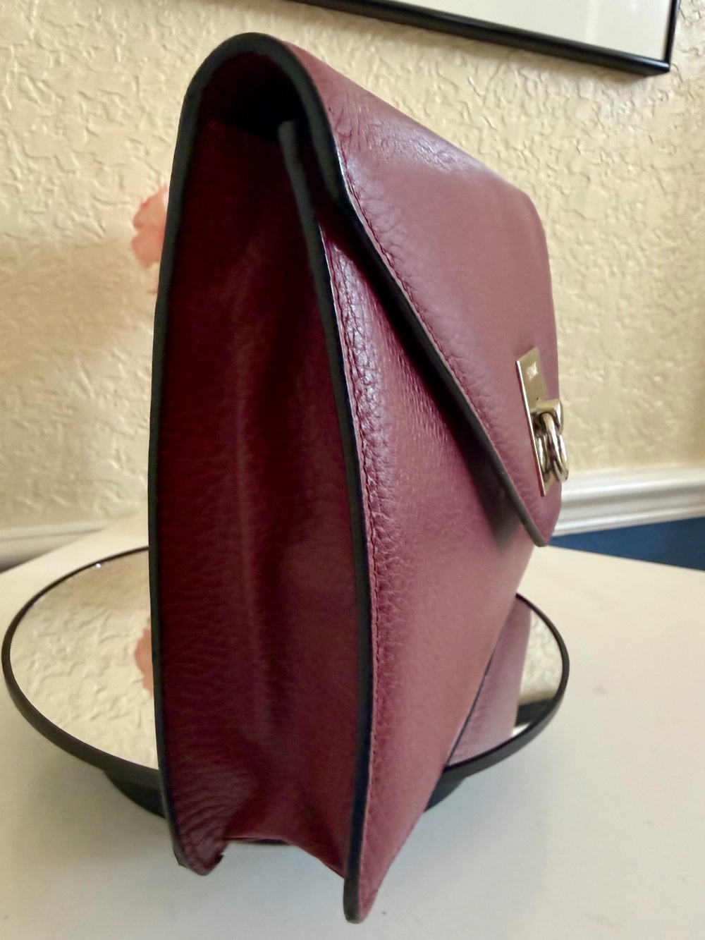 Celine Wine Red Pebbled Leather Envelope Clutch Purse Gold Hardware - Picture 9 of 17